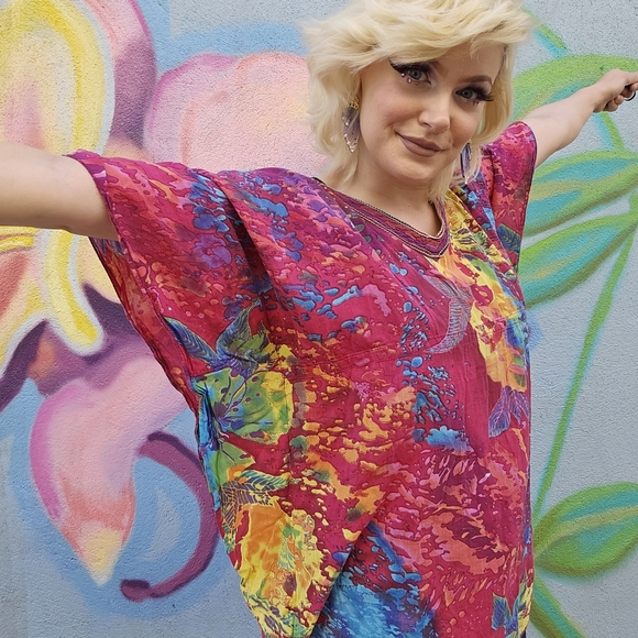 BIBA Vintage Rainbow Watercolor Style Abstract Paint Splatter Batwing Top - Picture 15 of 16